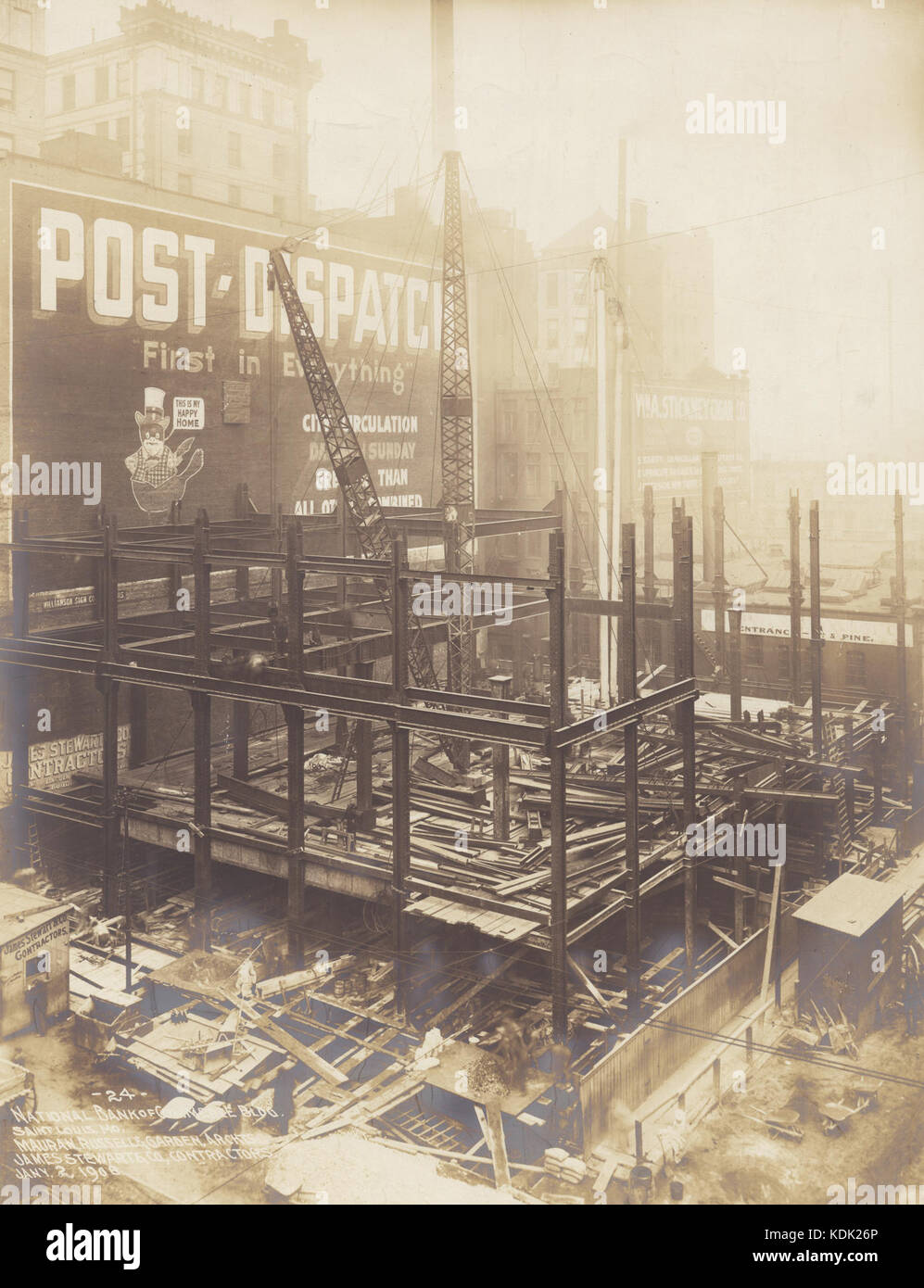 National Bank of Commerce Building, southeast corner of Broadway and Olive Street. Early construction view, 2 January 1908 Stock Photo