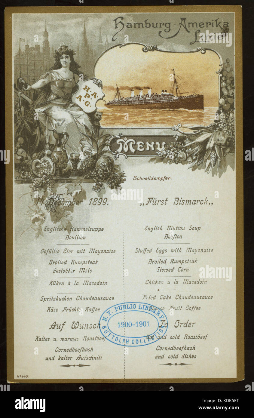 LUNCHEON (held by) HAMBURG AMERIKA LINIE (at) ENROUTE ABOARD SCHNELLDAMPFER (EXPRESS STEAMER) FURST BISMARCK (SS;) (NYPL Hades 271982 468142) Stock Photo