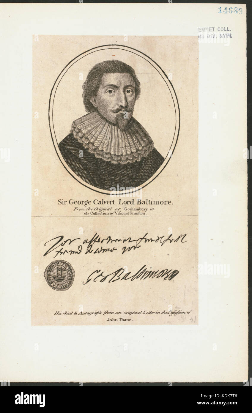 Sir George Calvert Lord Baltimore; His seal & autograph from an original letter in the possession of John Thane (NYPL Hades 256392 EM14639) Stock Photo