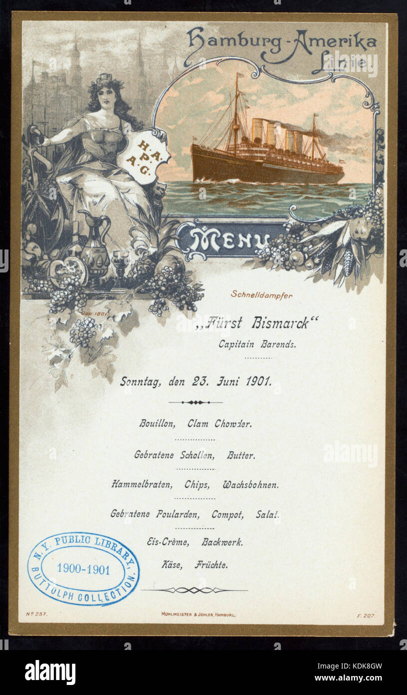 LUNCH (held by) HAMBURG AMERIKA LINIE (at) SS FURST BISMARCK (SS;) (NYPL Hades 276792 469187) Stock Photo