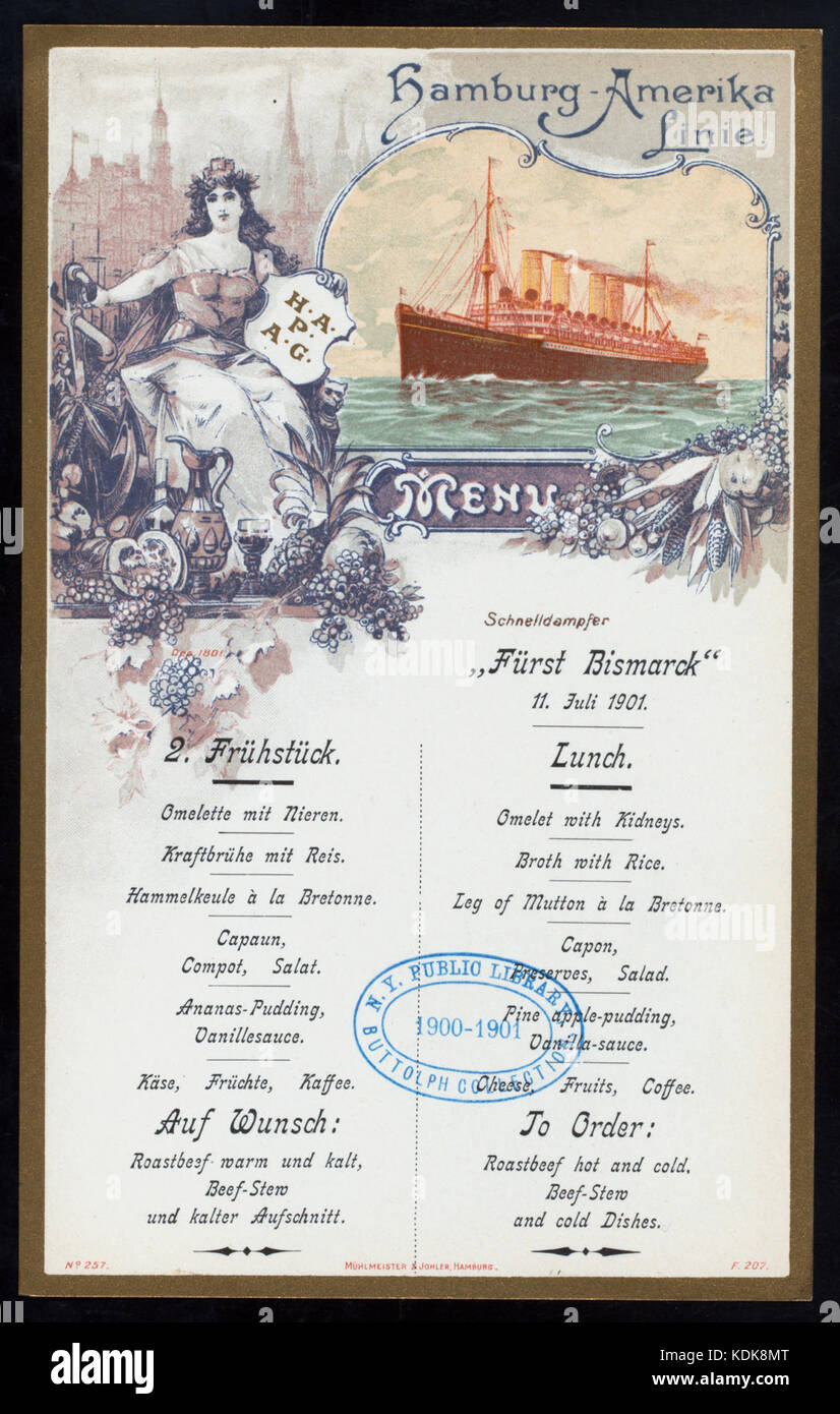 LUNCH (held by) HAMBURG AMERIKA LINIE (at) EN ROUTE ABOARD EXPRESS STEAMER FURST BISMARCK (SS;) (NYPL Hades 277044 469439) Stock Photo