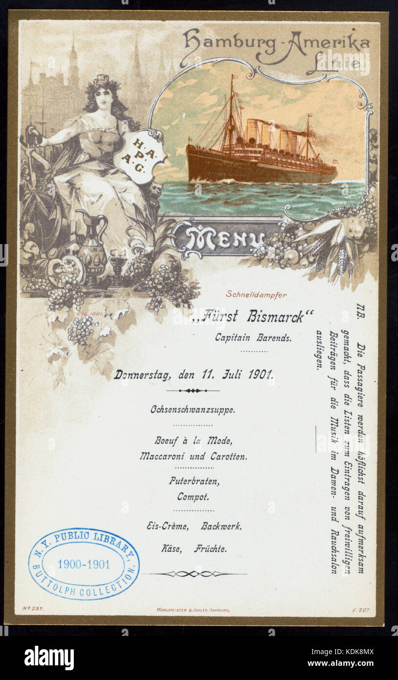 LUNCH (held by) HAMBURG AMERIKA LINIE (at) EN ROUTE ABOARD EXPRESS STEAMER FURST BISMARCK (SS;) (NYPL Hades 277047 469442) Stock Photo