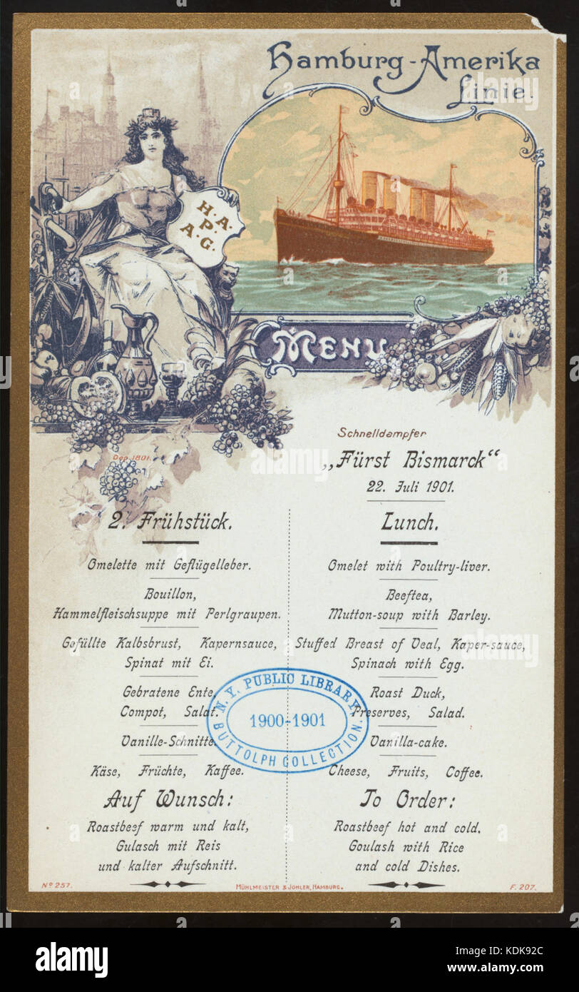 LUNCH (held by) HAMBURG AMERIKA LINIE (at) EN ROUTE ABOARD EXPRESS STEAMER FURST BISMARCK (SS;) (NYPL Hades 277094 469489) Stock Photo