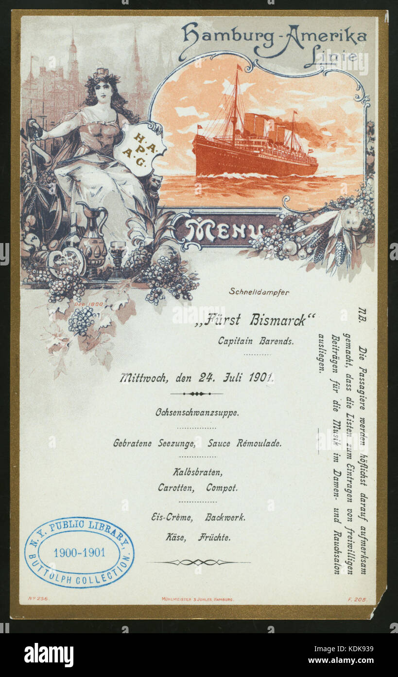 LUNCH (held by) HAMBURG AMERIKA LINIE (at) EN ROUTE ABOARD EXPRESS STEAMER FURST BISMARCK (SS;) (NYPL Hades 277114 469509) Stock Photo