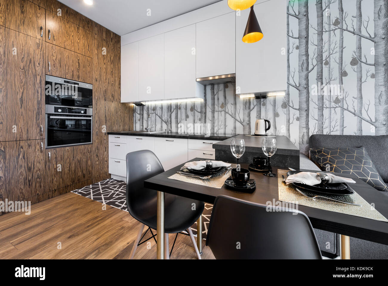 Modern Interior Design Kitchen With Small Table And Trees Wallpaper Stock Photo Alamy