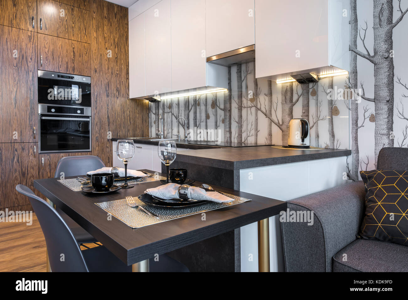 Modern Interior Design Kitchen With Small Table And Trees Wallpaper Stock Photo Alamy