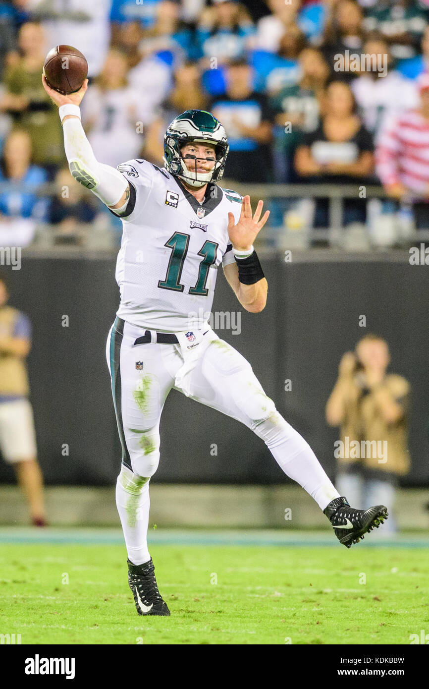 Oct 8, 2017; Philadelphia, PA, USA; Philadelphia Eagles quarterback Carson  Wentz (11) looks to pass in the second quarter against the Arizona  Cardinals at Lincoln Financial Field. Mandatory Credit …