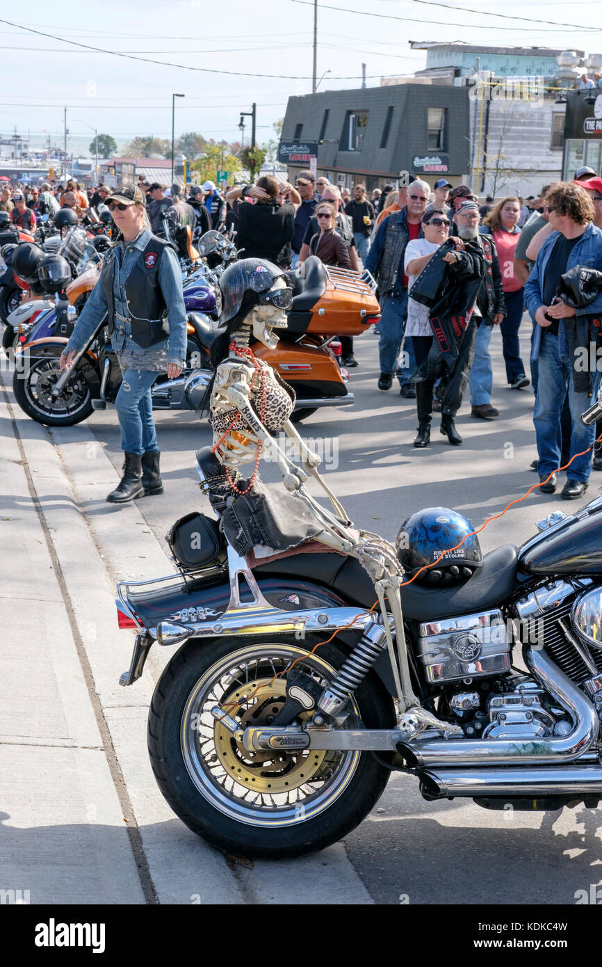 Port Dover, Ontario, Canada, 13th October 2017. Thousands of motorcyclists from all over Canada and the USA get together for The Friday 13th Motorcycle Rally, held every Friday the 13th in Port Dover, Ontario, Canada, since 1981. The event is one of the largest single-day motorcycle events in the world. This year, the mild weather contributed for a large number of bikers and onlookers, with hundreds of custom motorcycles, vendors, live music and interesting people to watch. A plastic skeleton adorns the back of a motorcycle parked on Main Street. Credit: Rubens Alarcon/Alamy Live News Stock Photo