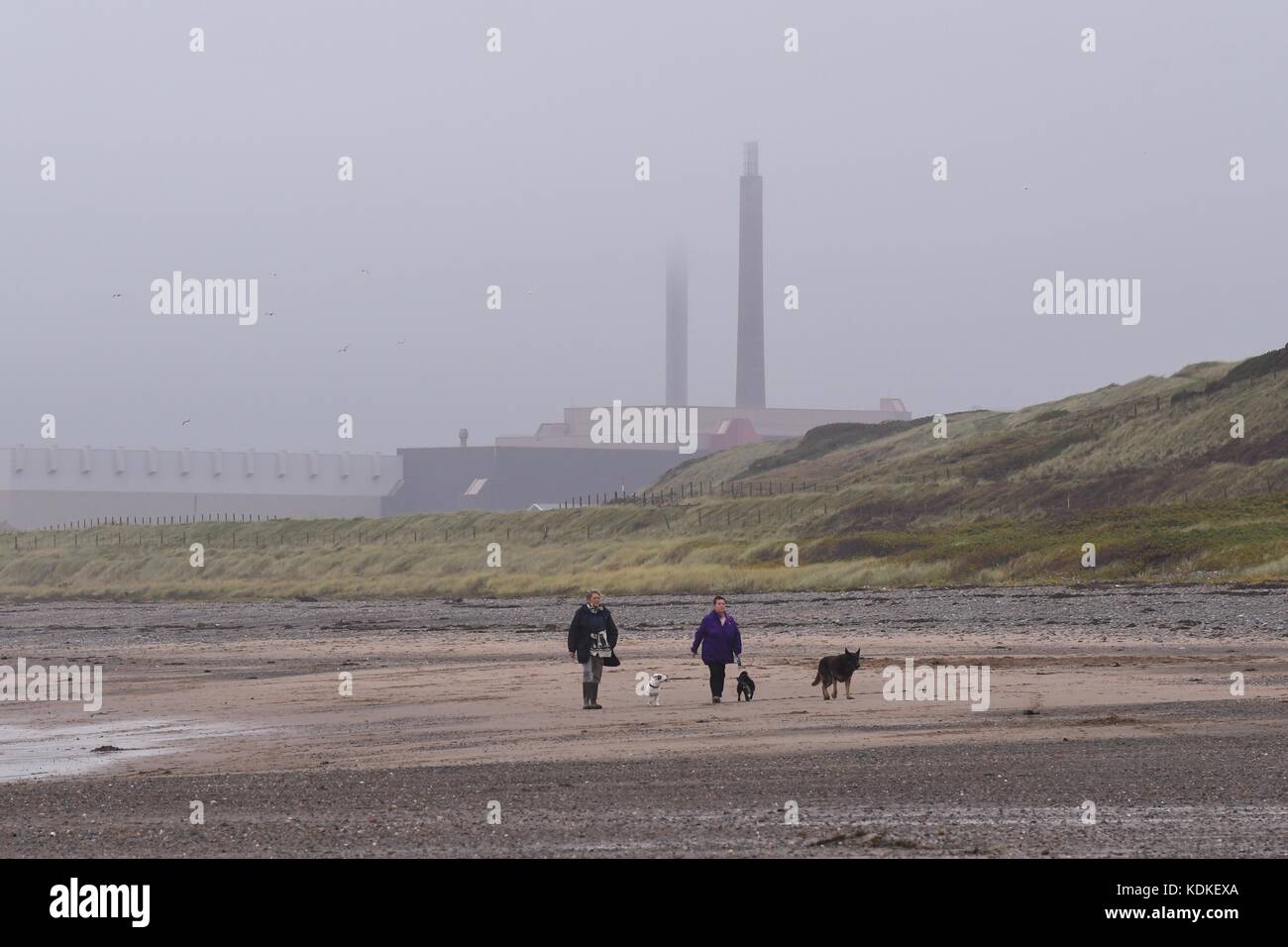 Seascale, Cumbria, UK. 14th Oct, 2017. UK weather - a blustery day with low cloud for dog walkers on Seascale beach overlooked by Sellafield nuclear site Credit: Kay Roxby/Alamy Live News Stock Photo