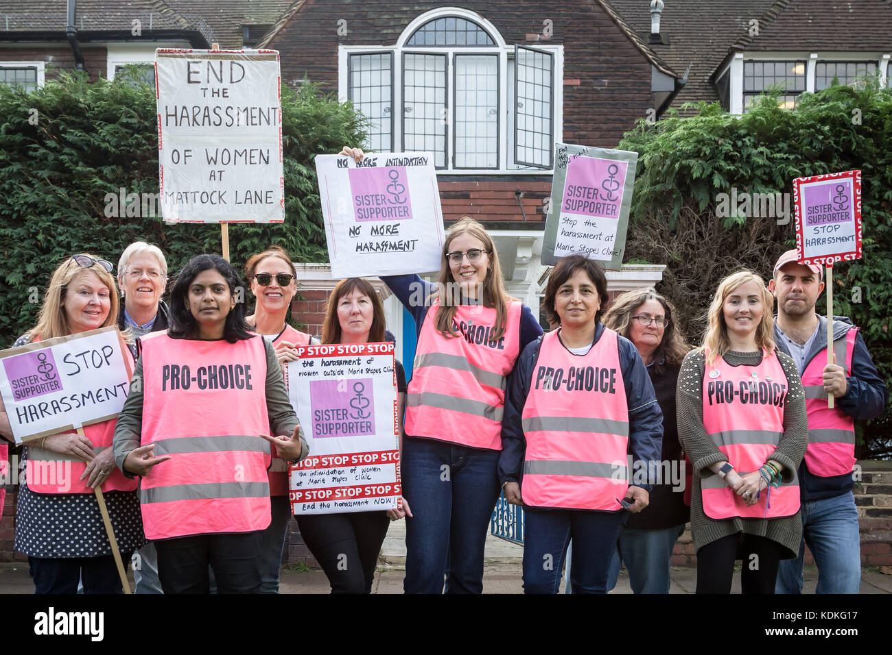 London, UK. 14th Oct, 2017. Sister Supporter, a women’s pro-choice direct action group, counter-protest Christian anti-abortion campaigners in Ealing. Credit: Guy Corbishley/Alamy Live News Stock Photo