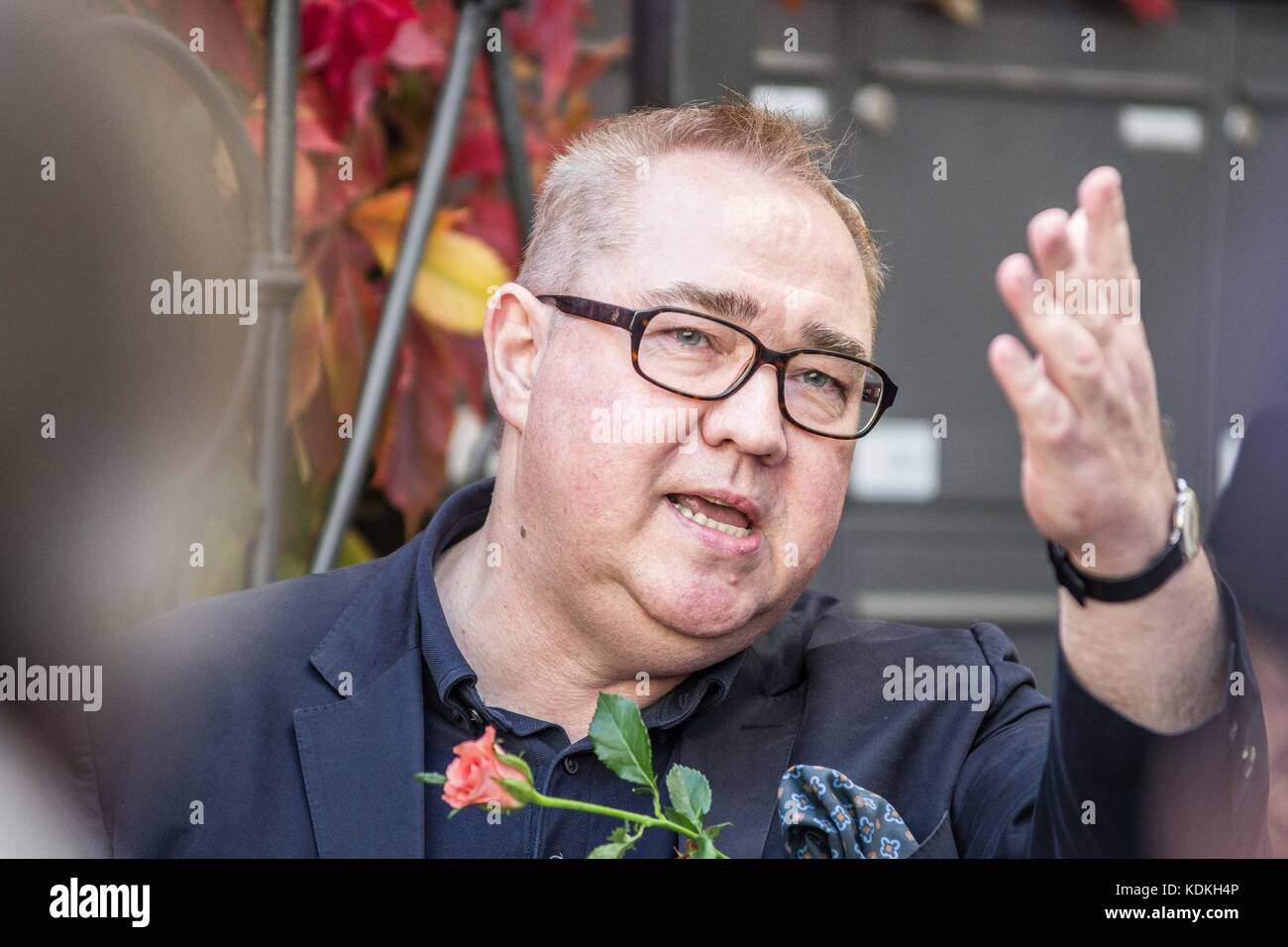 Munich, Bavaria, Germany. 14th Oct, 2017. Politician and activist Beppo Brem. Despite lengthy battles, the so-called Stolpersteine ('Stumbling Blocks'') containing the names & information of victims of National Socialism were installed at four different sites in Munich. The City of Munich forbid the installation of the memorial stones on public ground in 2015, which led the Stolpersteine Initiative (''˜Stumbling Block Initiative'') to seek private properties to install them. To date, 61,000 Stolpersteine in 2,000 cities in 21 countries have been dedicated, with much criticism lobbed Stock Photo