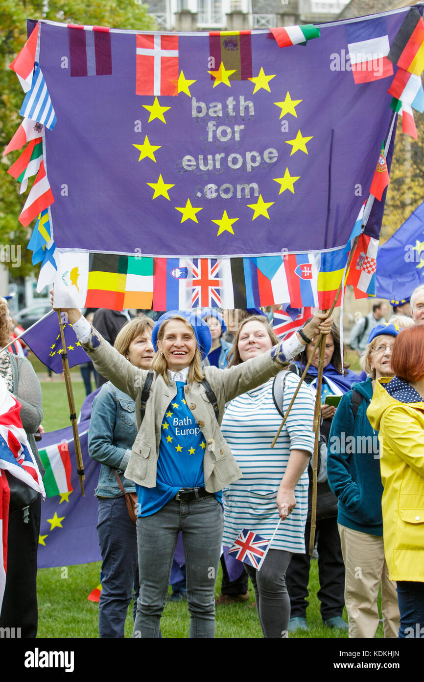 Bristol, UK. 14th Oct, 2017. Wera Hobhouse the Liberal Democrat MP for Bath is pictured carrying a Pro Euro banner during an anti Brexit protest rally in College Green. The rally was held to allow people to show their support for the UK remaining part of the European Union and to celebrate the South-West and Gibraltar European Parliament Constituency and the benefits that the region enjoys as part of the European Union. Credit: lynchpics/Alamy Live News Stock Photo