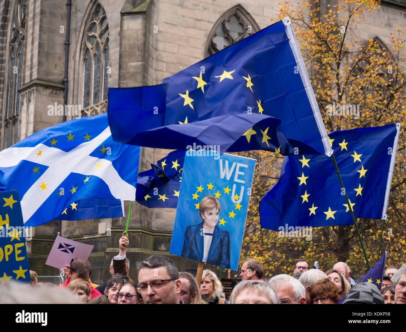 Edinburgh, UK - Oct 14, 2017: Pro EU supporters pictured as they gathered to listen to speechs at a rally against Bexit held in Edinburgh, Scotland as one of a number of gatherings across the UK to show support for continued membership of the European Union. Credit: AC Images/Alamy Live News Stock Photo
