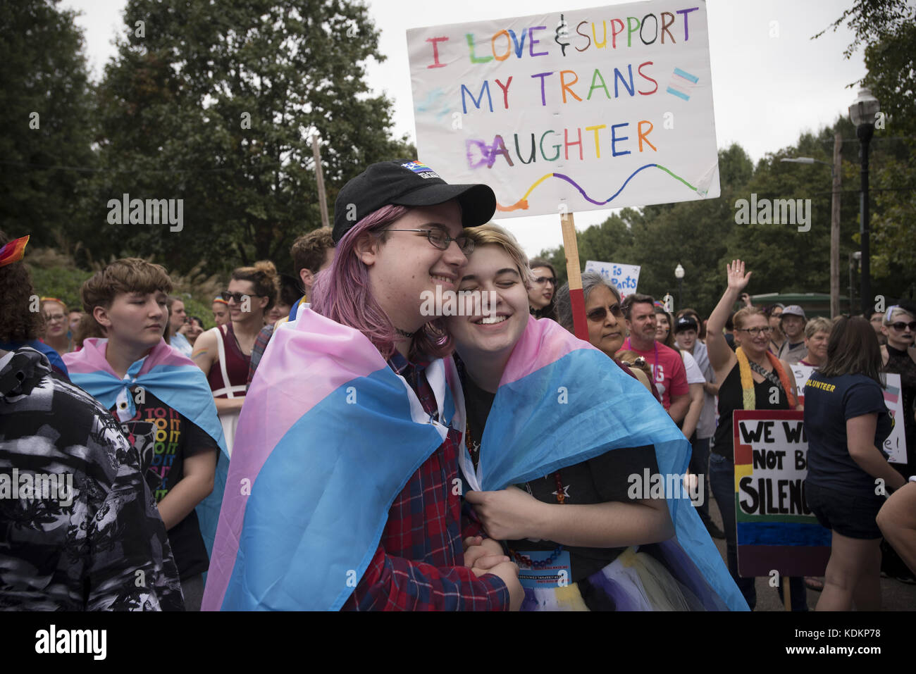 Atanta, GA, USA. 14th Oct, 2017. Transgender Pride march in midtown Atlanta with an abundance of teens present, visual proof that students are becoming increasing comfortable in emerging as transgender, non-binary or queer. March was part of the city's annual Gay Pride Festival. Credit: Robin Rayne Nelson/ZUMA Wire/Alamy Live News Stock Photo