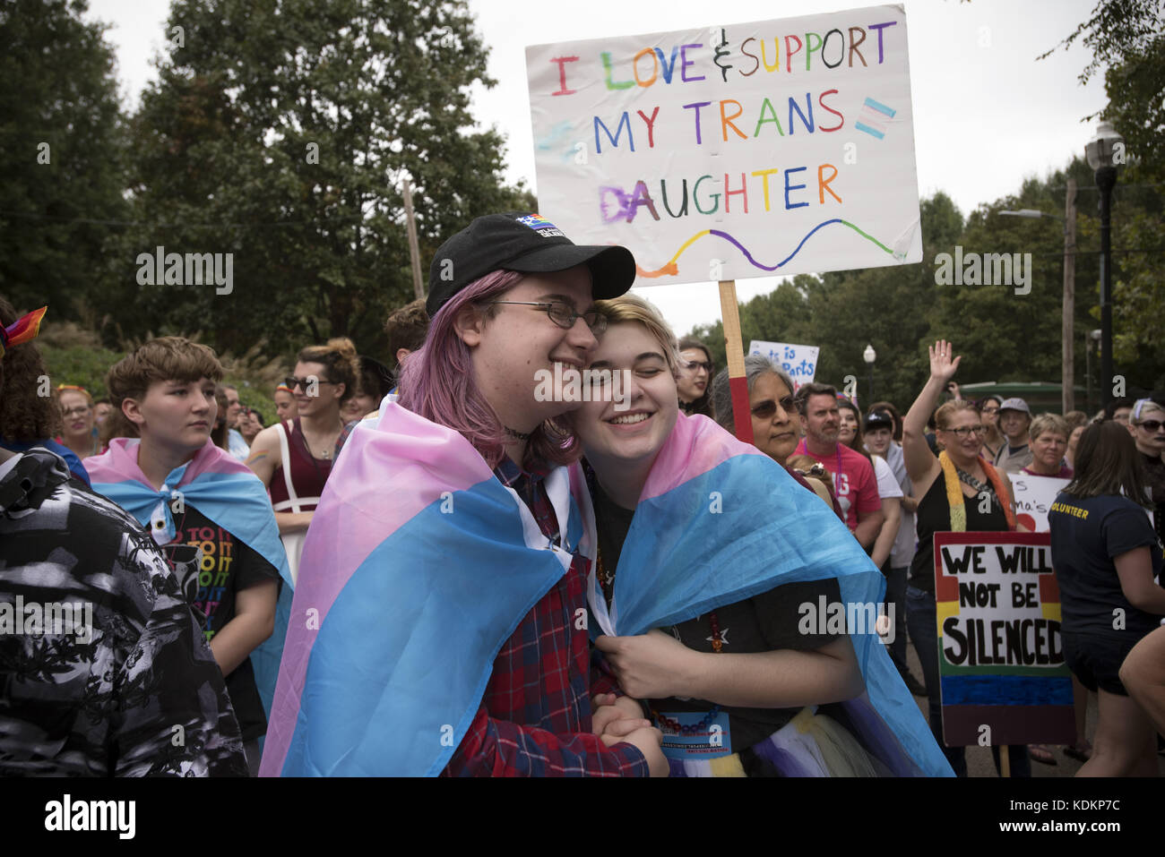 Atanta, GA, USA. 14th Oct, 2017. Transgender Pride march in midtown Atlanta with an abundance of teens present, visual proof that students are becoming increasing comfortable in emerging as transgender, non-binary or queer. March was part of the city's annual Gay Pride Festival. Credit: Robin Rayne Nelson/ZUMA Wire/Alamy Live News Stock Photo