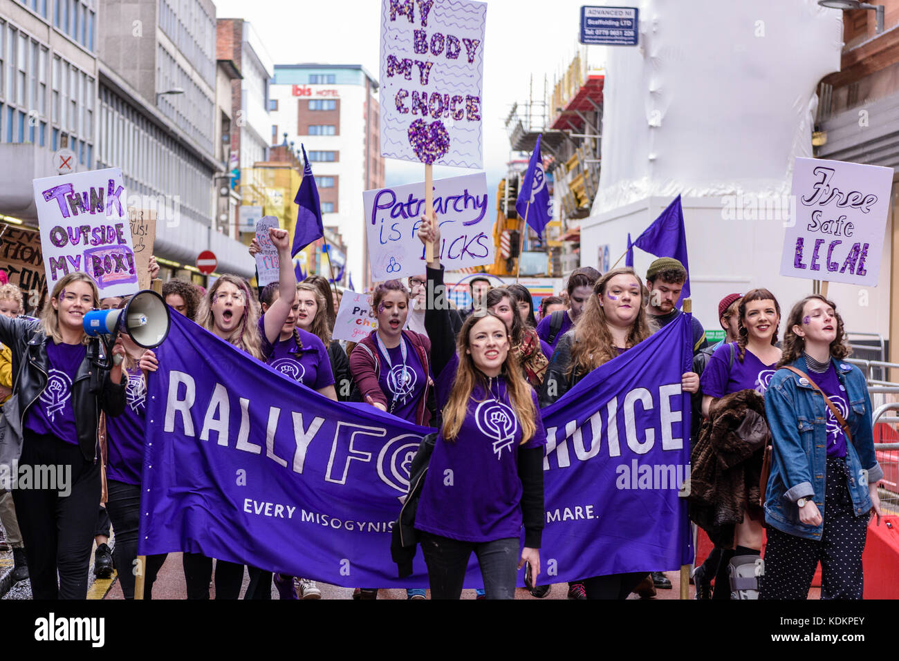 Belfast, Northern Ireland. 14/10/2017 - Rally For Choice hold a parade in support of pro-choice abortion rights and women's reproductive rights.  Approximately 1200 people attended the event. Stock Photo
