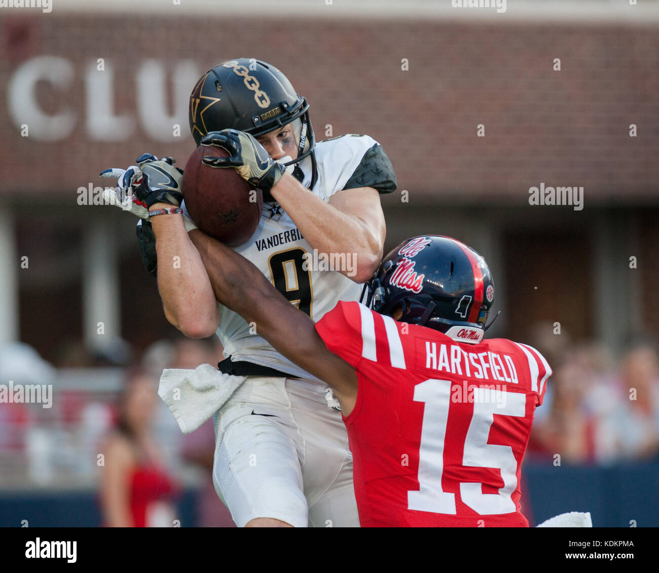 Oxford, USA.  14th October 2017. Vanderbilt Wide Receiver Caleb Scott (9) leaps over University of Mississippi Defensive Back Myles Hartsfield (15) to make the catch at Vaught-Hemingway Stadium in Oxford, Mississippi, on Saturday, October 14, 2107.  Credit: Kevin Williams/Alamy Live News. Stock Photo