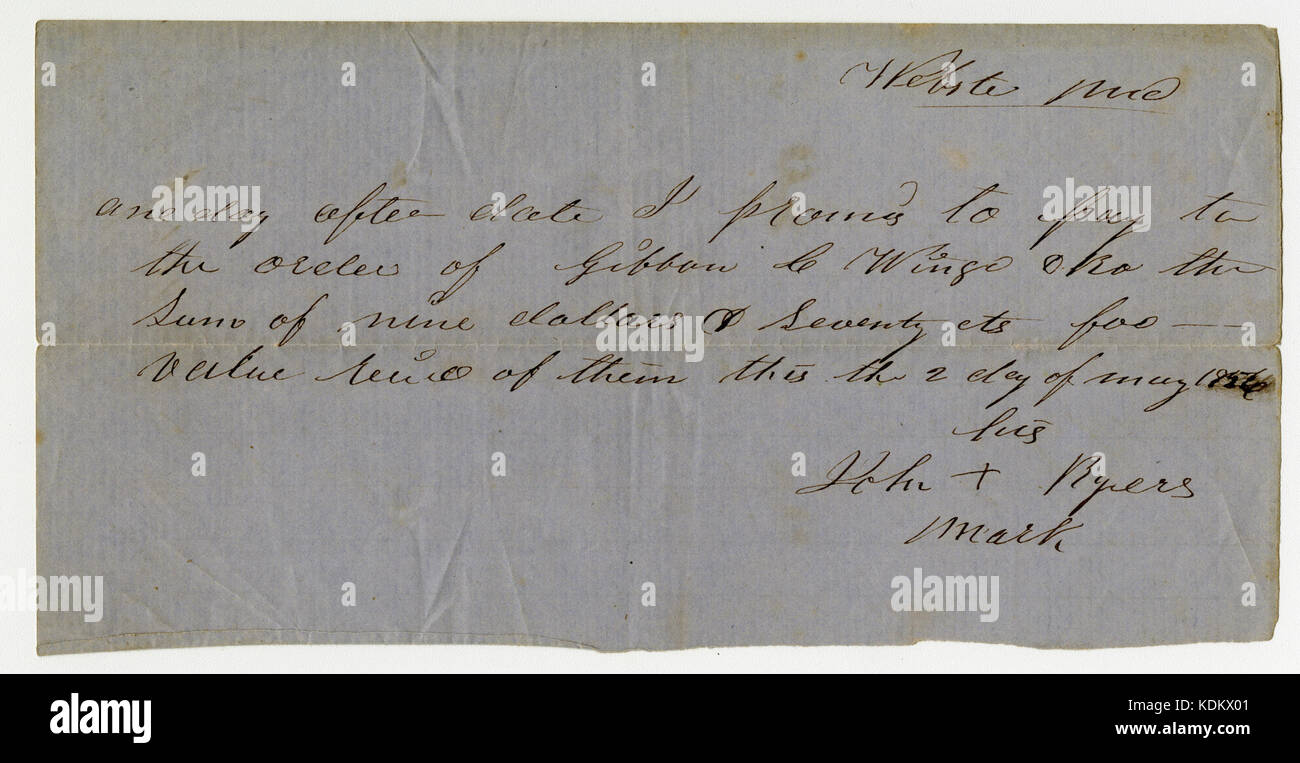 Promissory note signed John Byers (his mark) to Gibon C. Wingo, May 2, 1856 Stock Photo