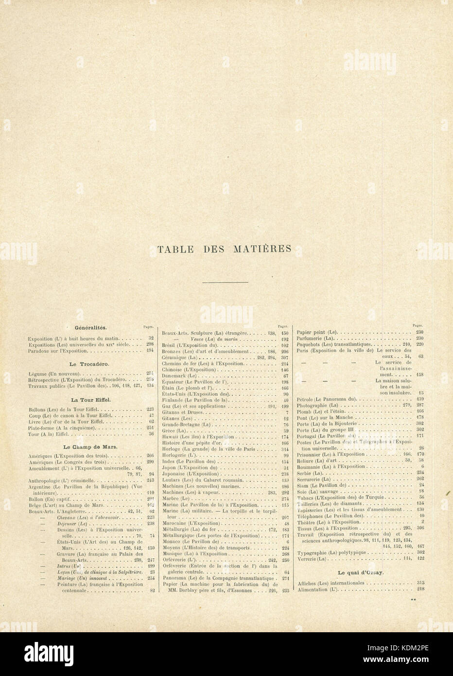 L exposition de paris de 1889 tables des matieres page 321 stock photo