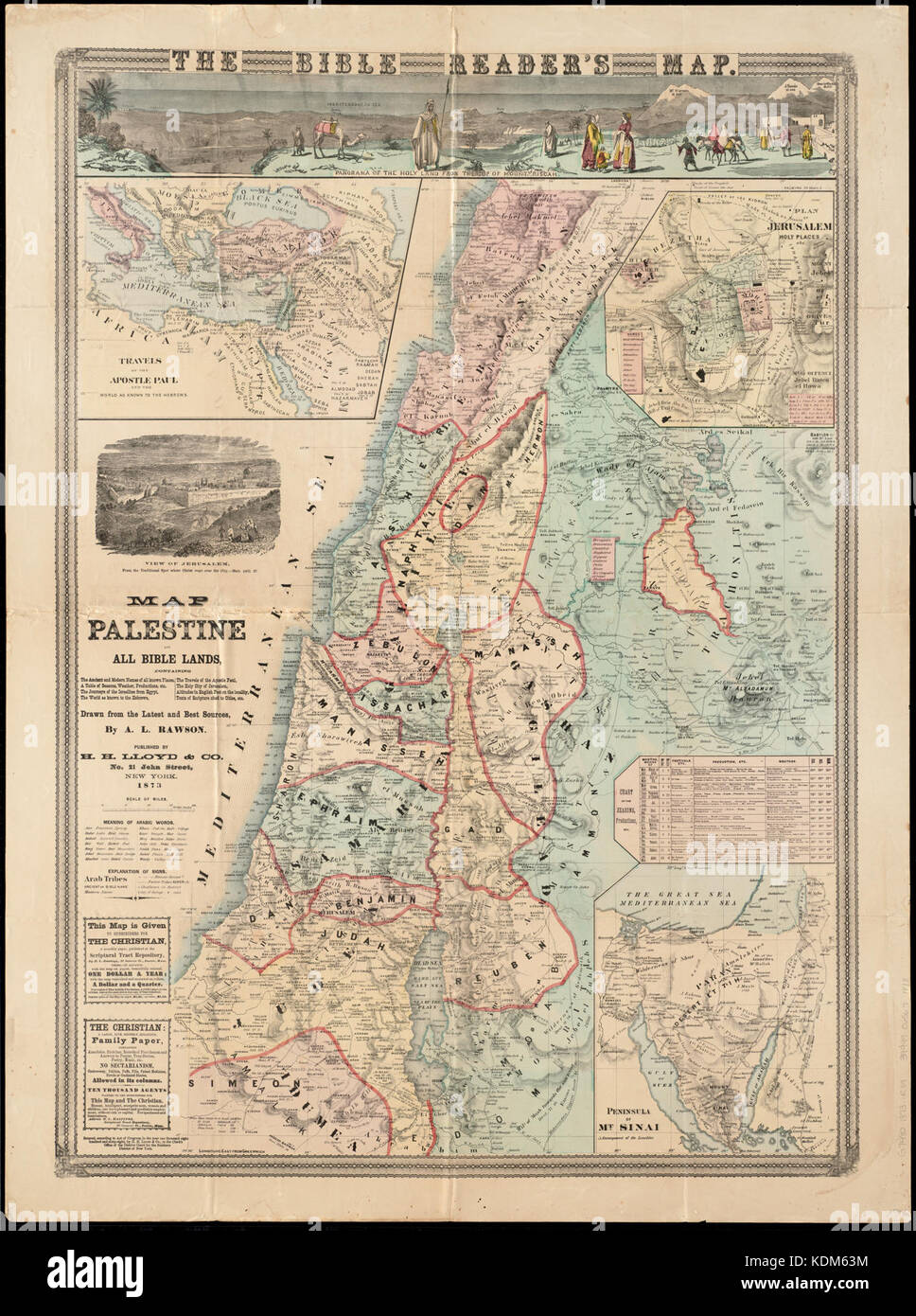Map of Palestine and all Bible lands, containing the ancient and modern names of all known places, a table of seasons, weather, productions, etc., the journeys of the Israelites from Egypt, the world (10139457793) Stock Photo