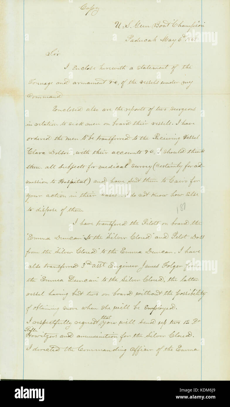 Letter from Seth Ledyard Phelps, U. S. S. Champion, Paducah, Kentucky