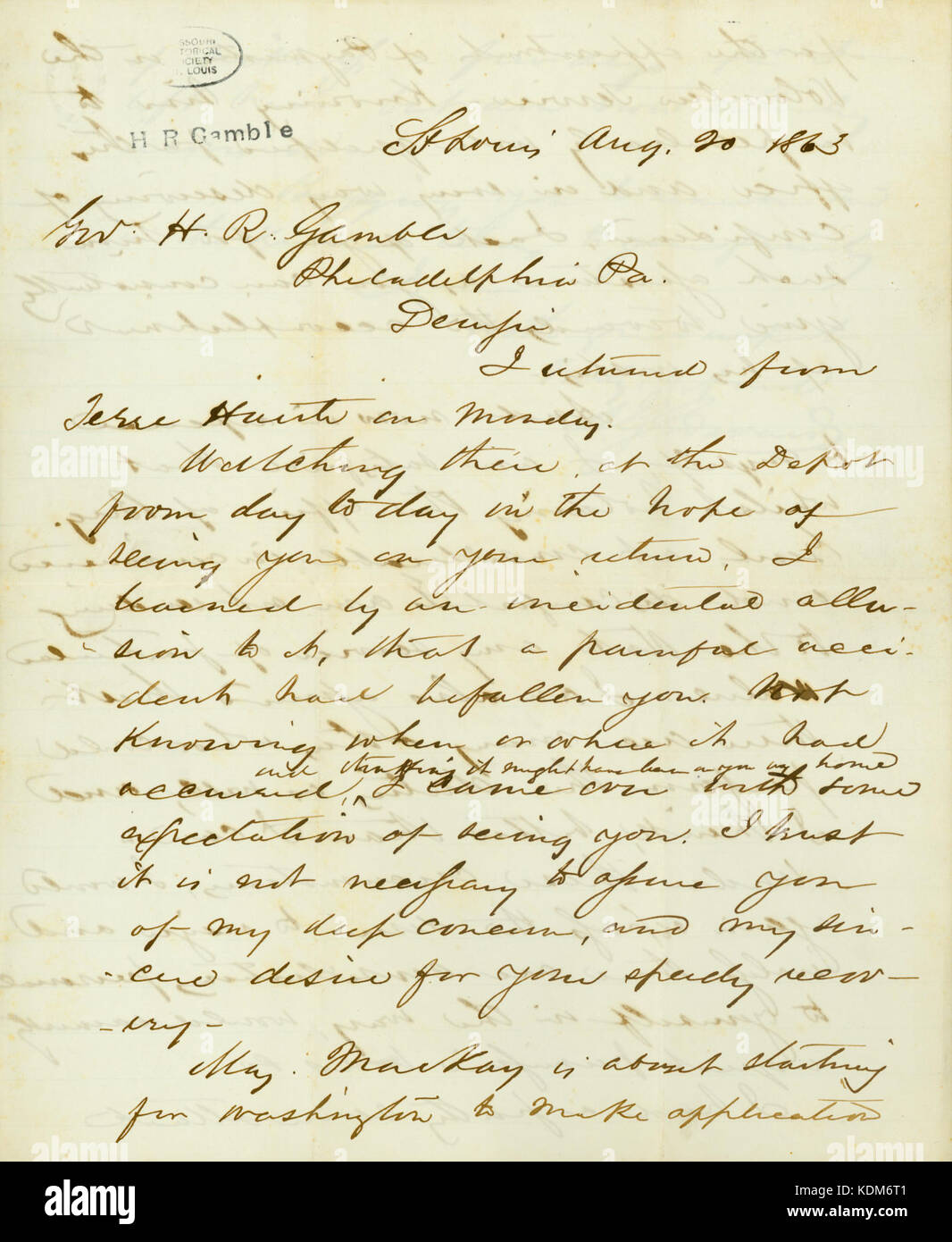 Letter signed A.G. Edwards, St. Louis, to Gov. H.R. Gamble, Philadelphia, Pa., August 20, 1863 Stock Photo