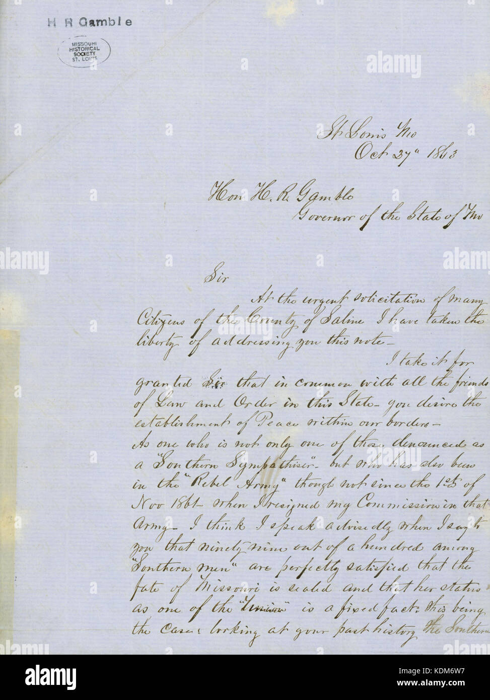 Letter signed John Sheridan, St. Louis, Mo., to Hon. H.R. Gamble, Governor of the State of Mo., October 27, 1863 Stock Photo