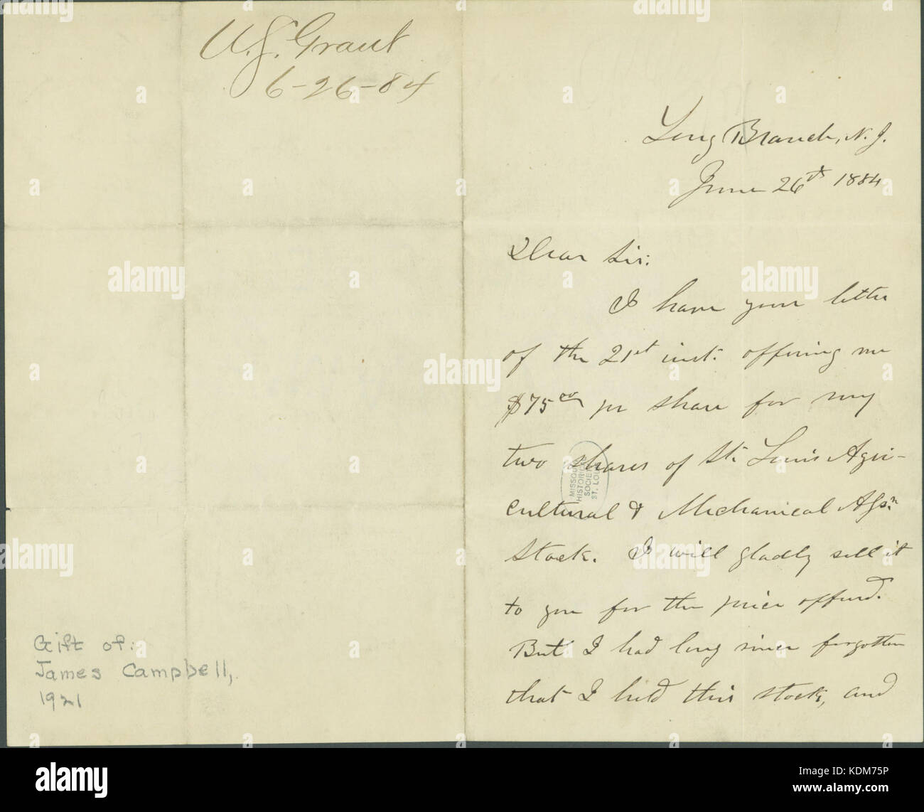Letter signed U.S. Grant, Long Branch, N.J., to James Campbell, St. Louis, Mo., June 26, 1884 Stock Photo