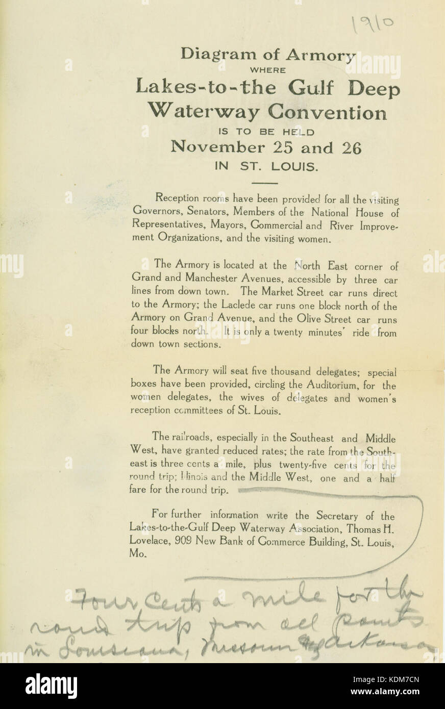 Printed directions to the armory where the Lakes to the Gulf Waterway Convention is to be held