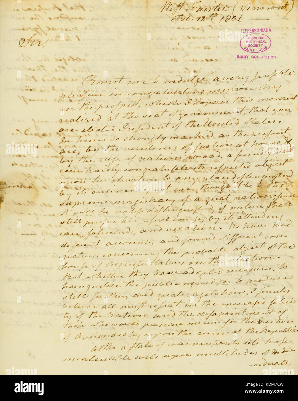 Letter from Nathaniel Niles, West Fairlee, Vermont, to Thomas Jefferson, Washington, February 12, 1801 Stock Photo