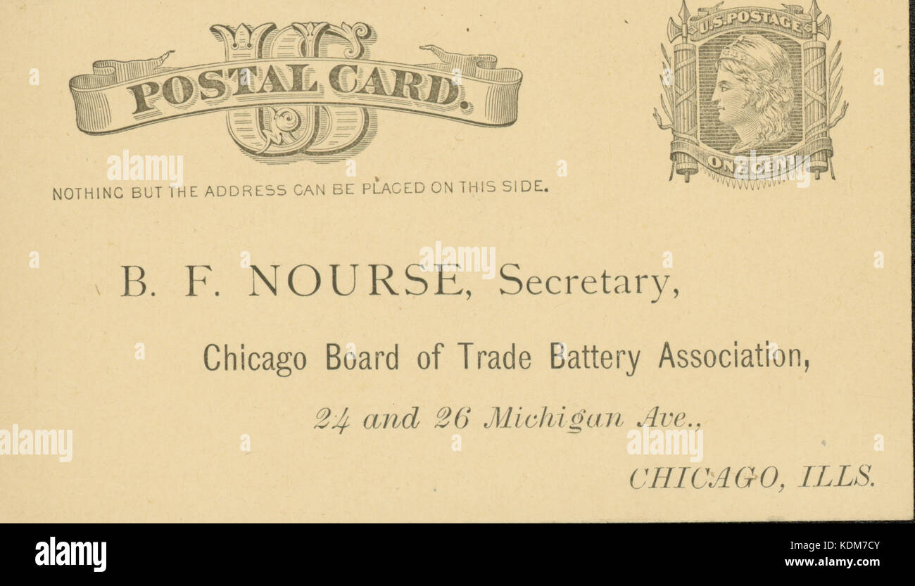 Postcard invitation of B.F. Nourse, Esq., Secretary, Chicago Board of Trade Battery Association, 24 and 26 Michigan Ave., Chicago, Ills., ca. 1882 Stock Photo