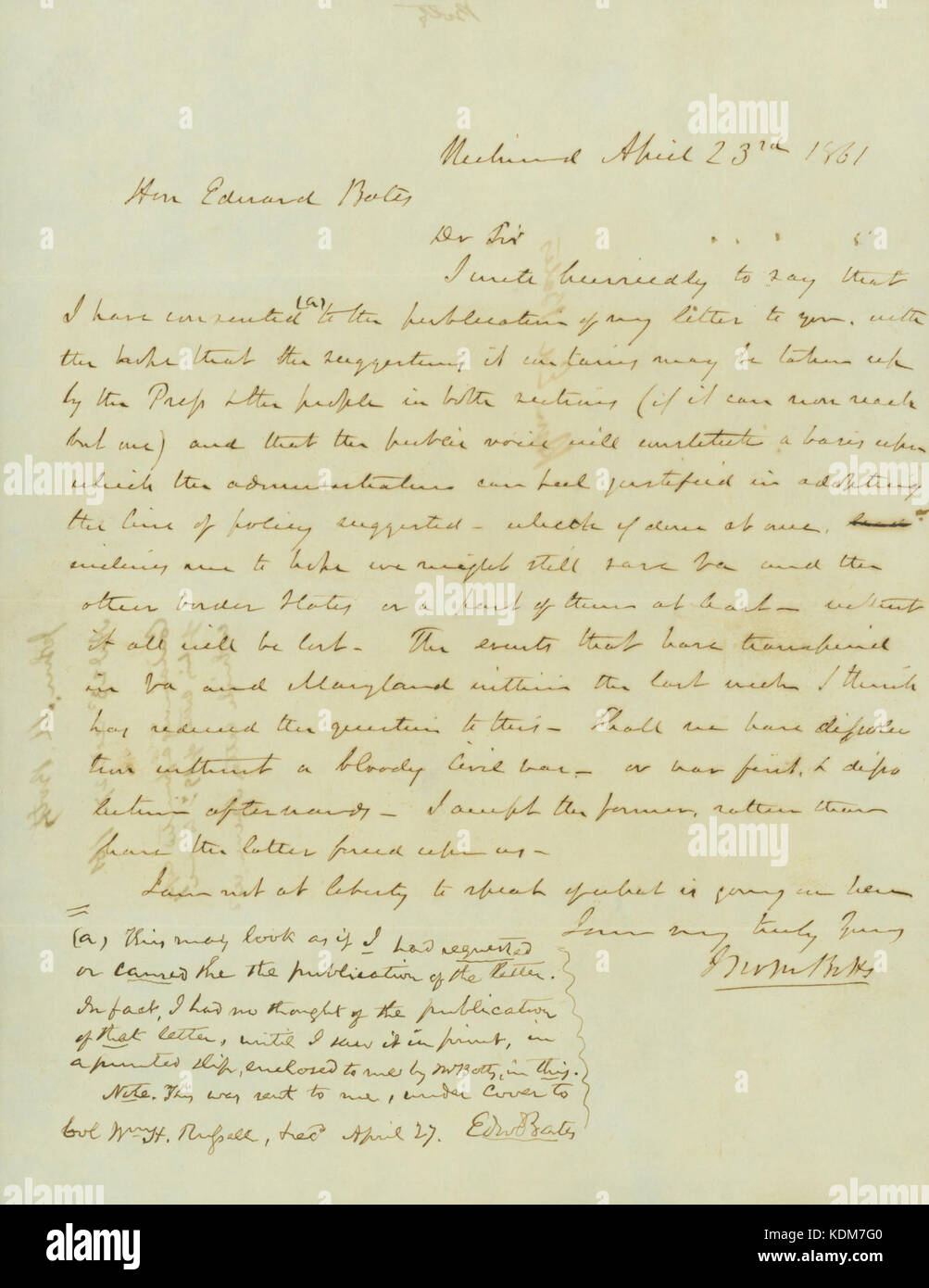 Letter signed Jno. M. Botts (John M. Botts), Richmond, to Hon. Edward Bates, April 23, 1861 Stock Photo