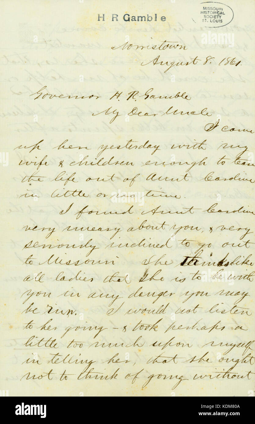 Letter signed C. Gibson, Norristown, to Governor H.R. Gamble, August 8, 1861 Stock Photo