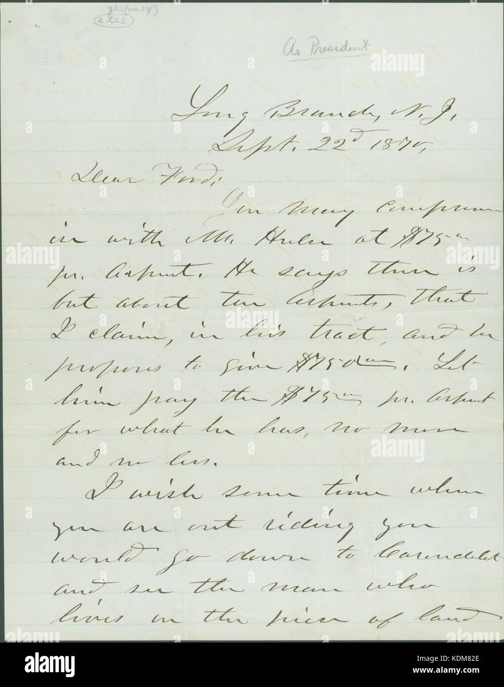 Letter signed U.S. Grant, Long Branch, N.J., to Charles W. Ford, September 22, 1870 Stock Photo