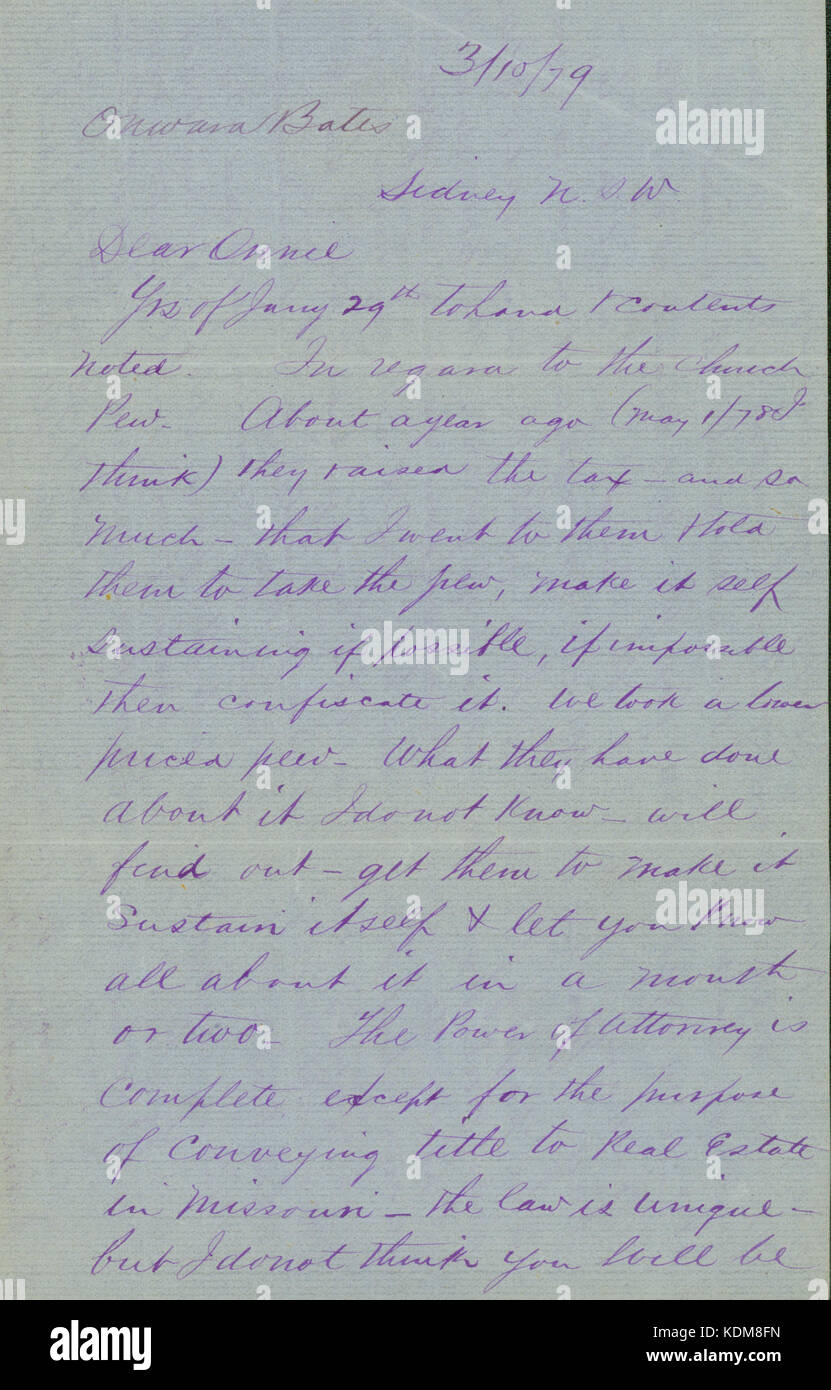 Letter signed C.W. Bates, Sydney, N.S.W., to Onward Bates, March 10, 1879 Stock Photo