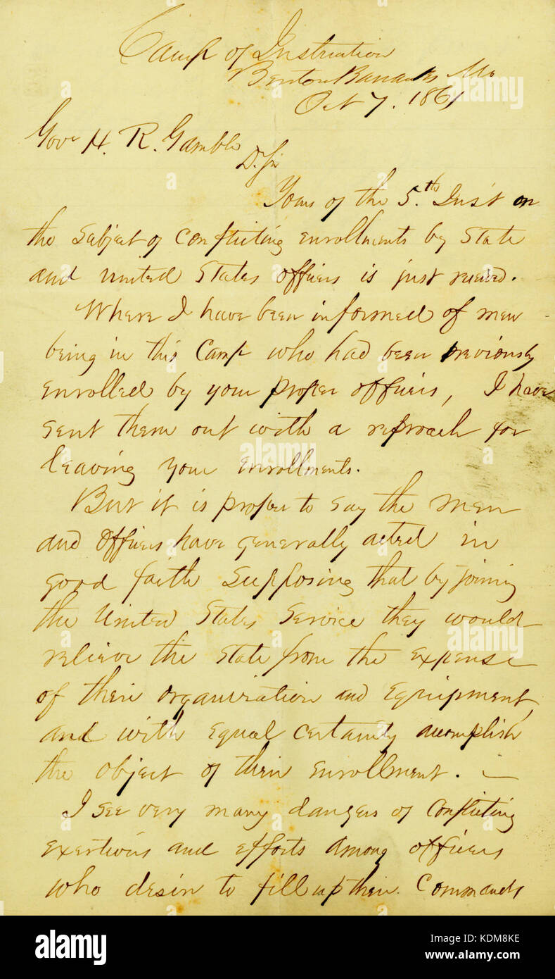 Letter signed Saml. R. Curtis (Samuel R. Curtis), Camp of Instruction, Benton Barracks, Mo., to Gov. H.R. Gamble, October 7, 1861 Stock Photo