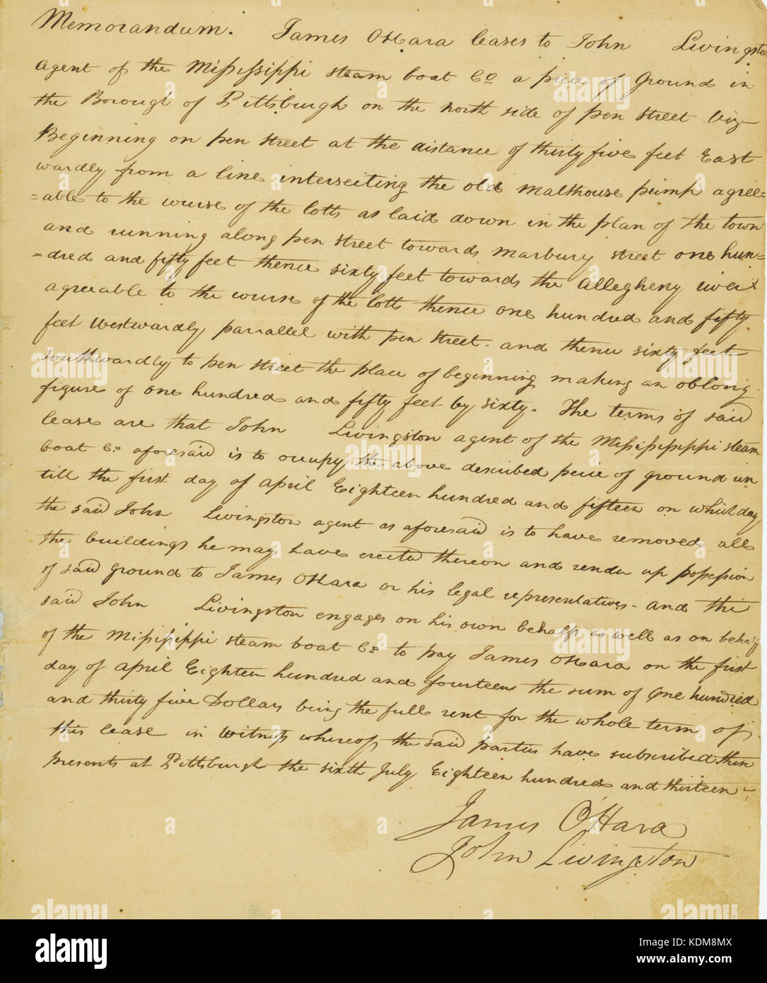 Memorandum of agreement between James O'Hara and John Livingston, agent of the Mississippi Steamboat Company, July 6, 1813 Stock Photo