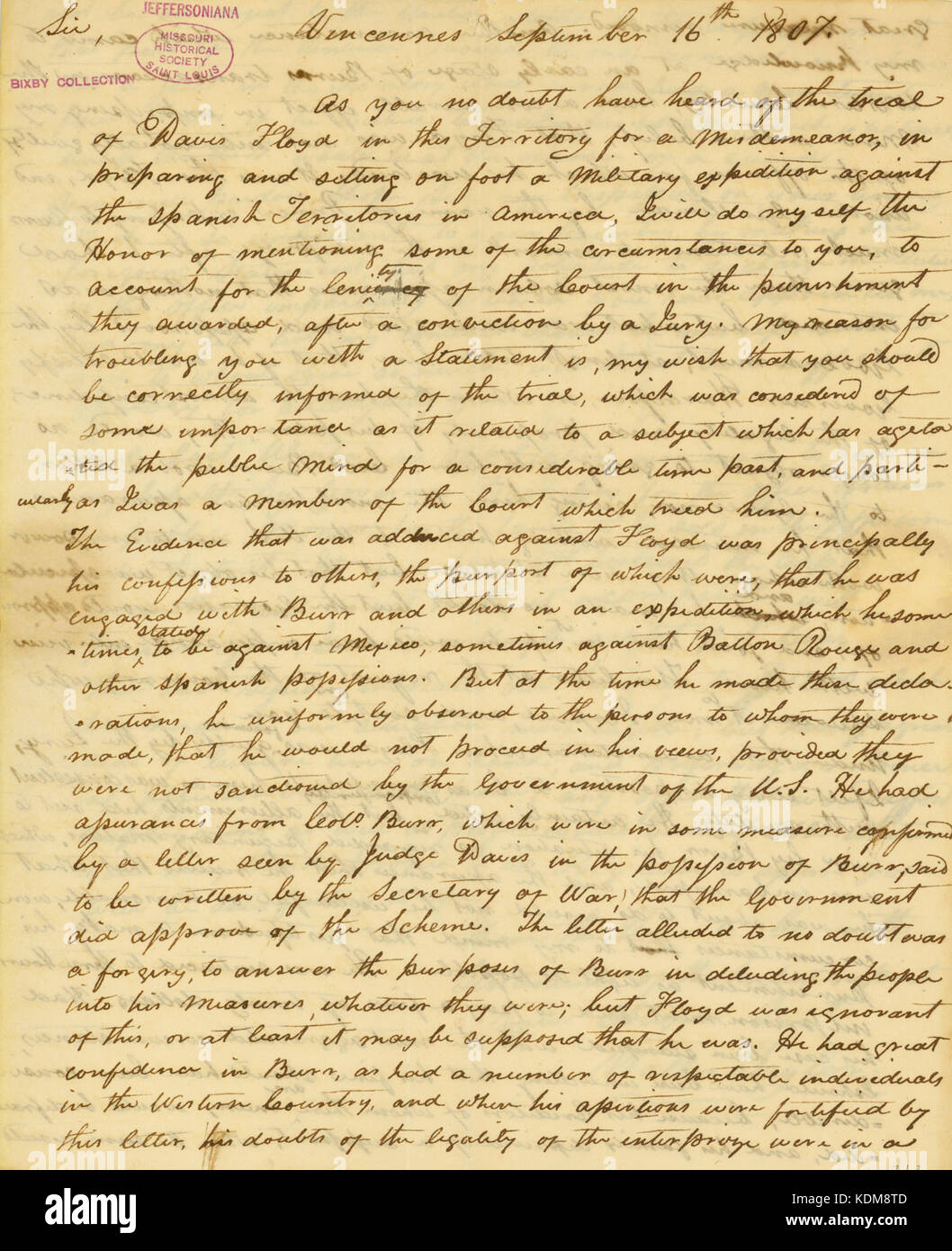Letter signed Waller Taylor, Vincennes, to Thomas Jefferson, September 16, 1807 Stock Photo