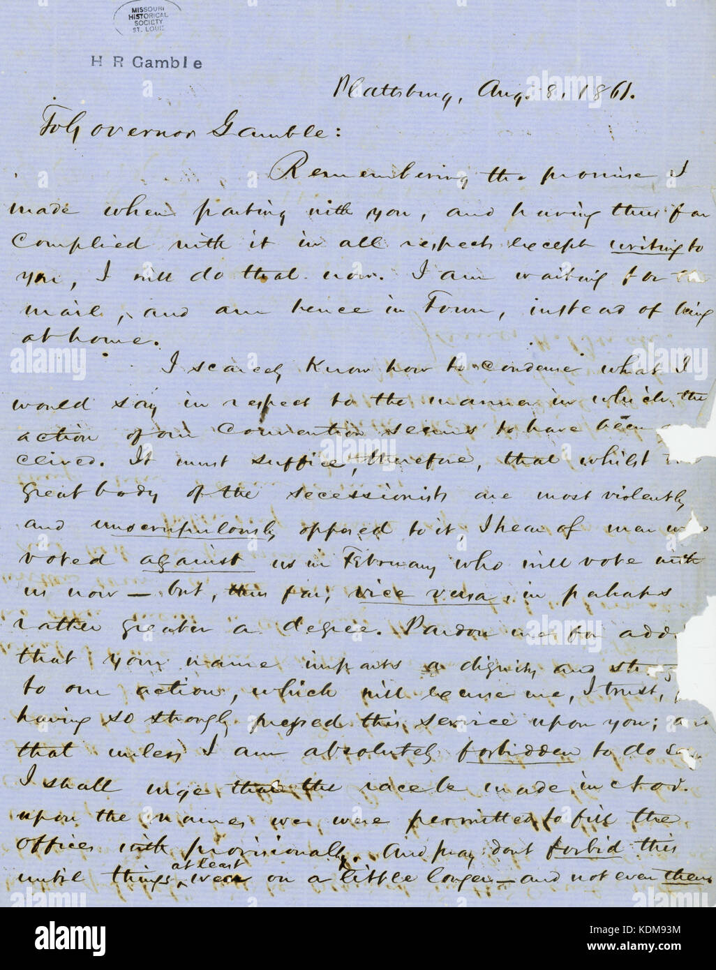 Letter signed James H. Birch, Plattsburg, to Governor Gamble (Hamilton R. Gamble), August 8, 1861 Stock Photo