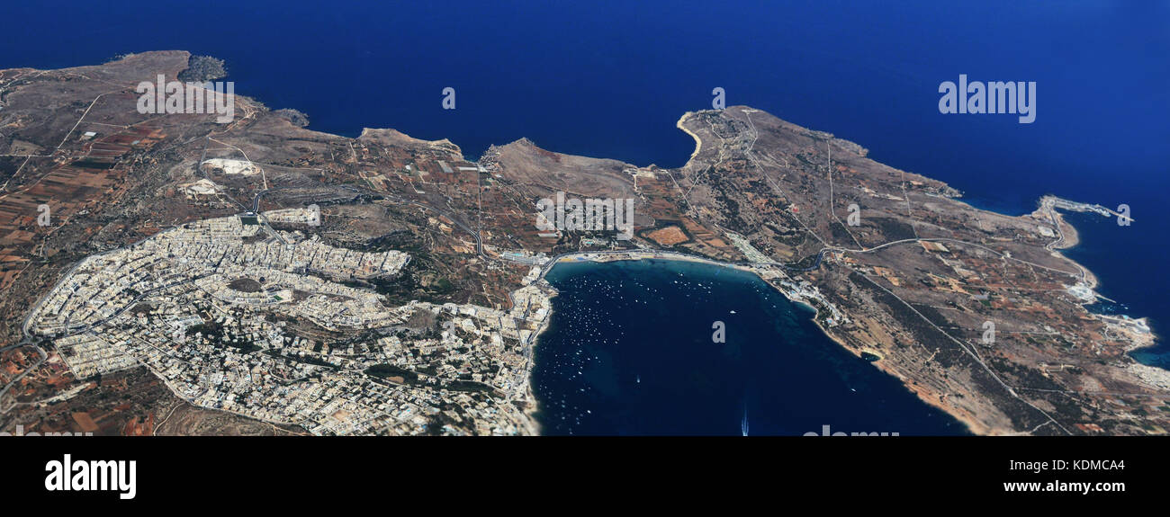 An aerial view of Mellieha bay in northern Malta. Stock Photo