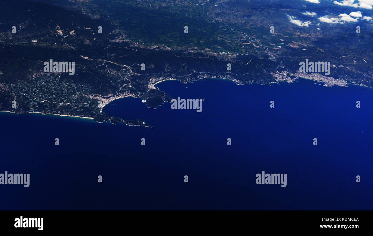 An aerial view of t he Greek coastline in East Macedonia. Stock Photo