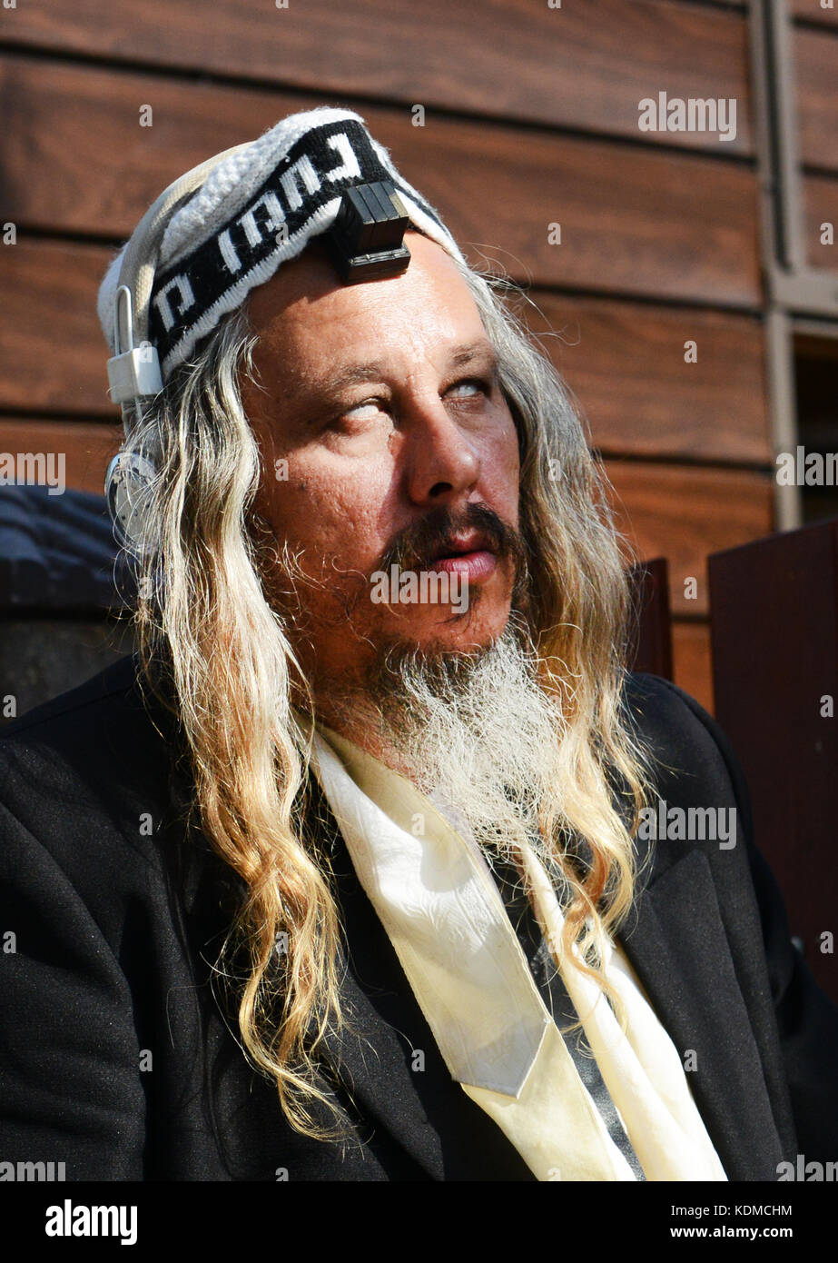A Breslov Jewish man in the state of trance. Photo taken in Uman, Ukraine. Stock Photo
