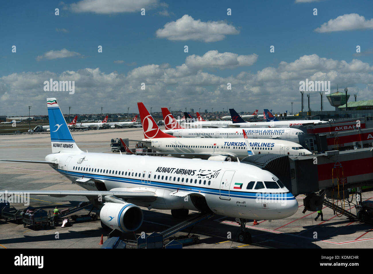 Airplanes parked at their gate at Istanbul Atatürk Airport. Stock Photo