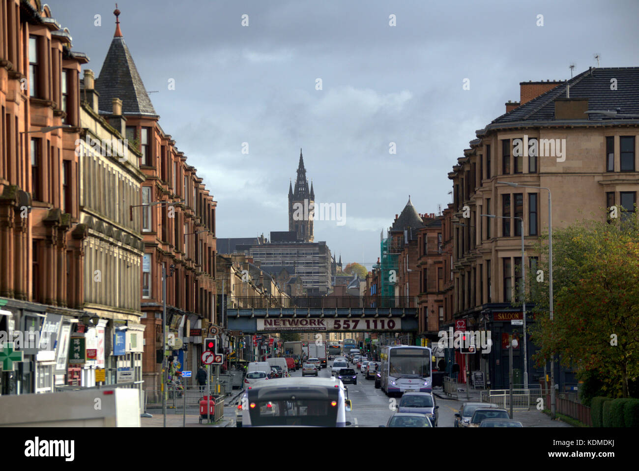 busy traffic at partick railway station bridge on Dumbarton Road, Glasgow, United Kingdom with a