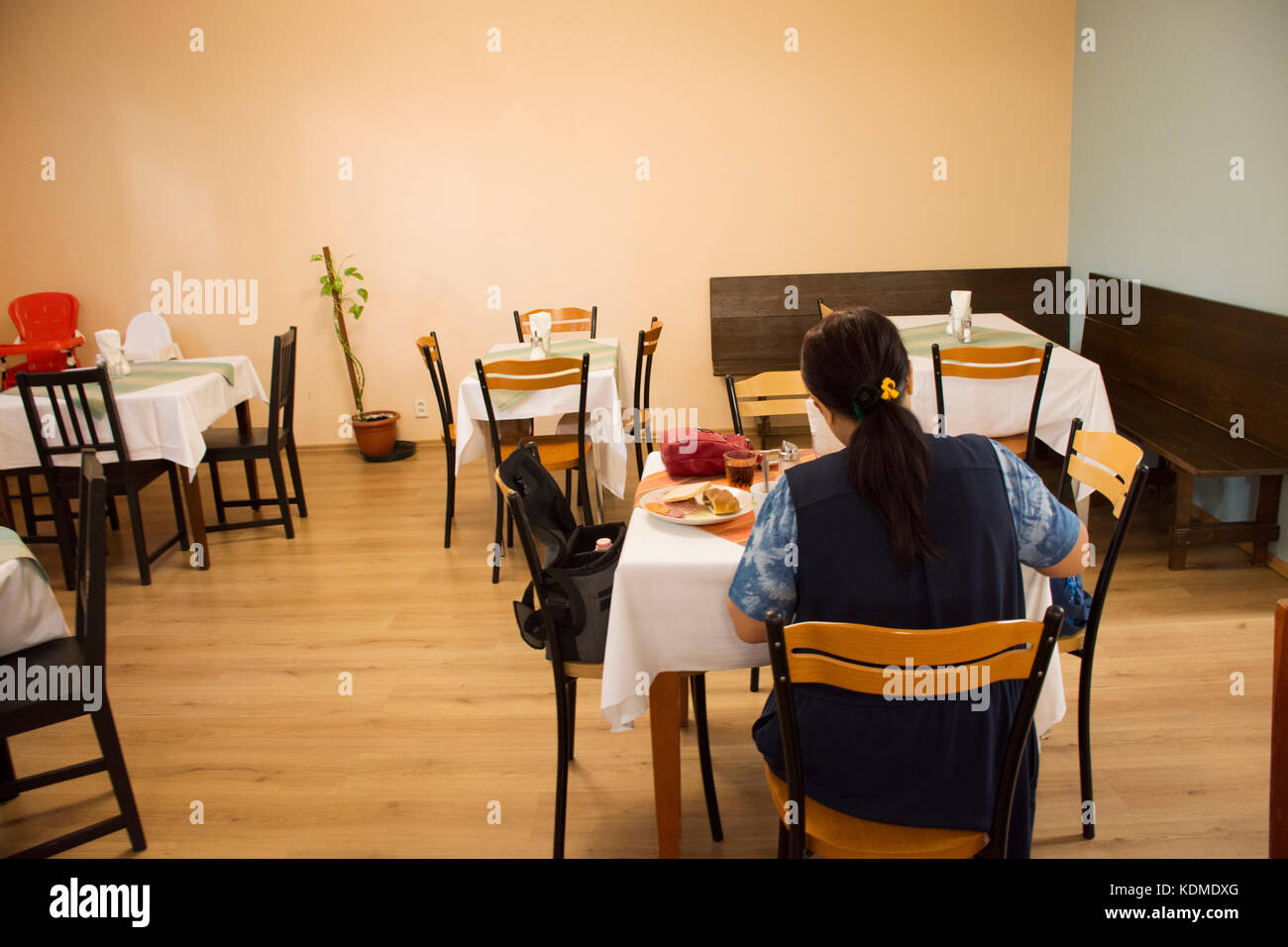 Asian Travelers Thai Woman Eating Breakfast In Restaurant