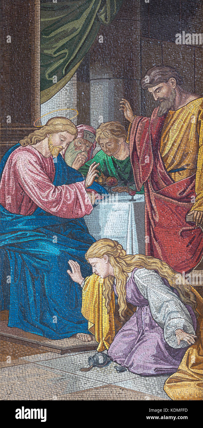LONDON, GREAT BRITAIN - SEPTEMBER 13, 2017: The Mary Magdalen washes Feet of Jesus with Tears in church Brompton Oratory (Immaculate heart of Mary) Stock Photo