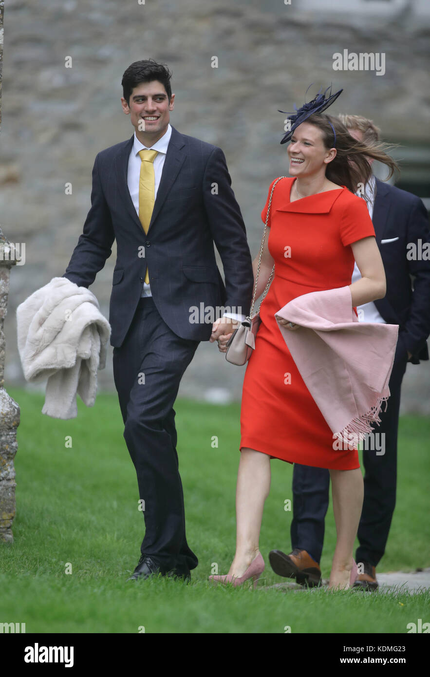 England cricket player Alastair Cook with his wife Alice, arrive at St Mary  the Virgin, East Brent, Somerset, for the wedding of Ben Stokes and his  fiancee Clare Ratcliffe Stock Photo -