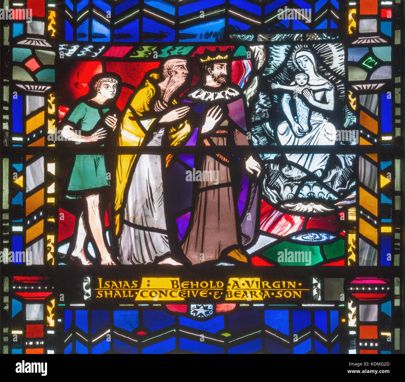 LONDON, GREAT BRITAIN - SEPTEMBER 16, 2017: The stained glass of Isaiah predict the virgin birth of Jesus in church St Etheldreda by Charles Blakeman. Stock Photo