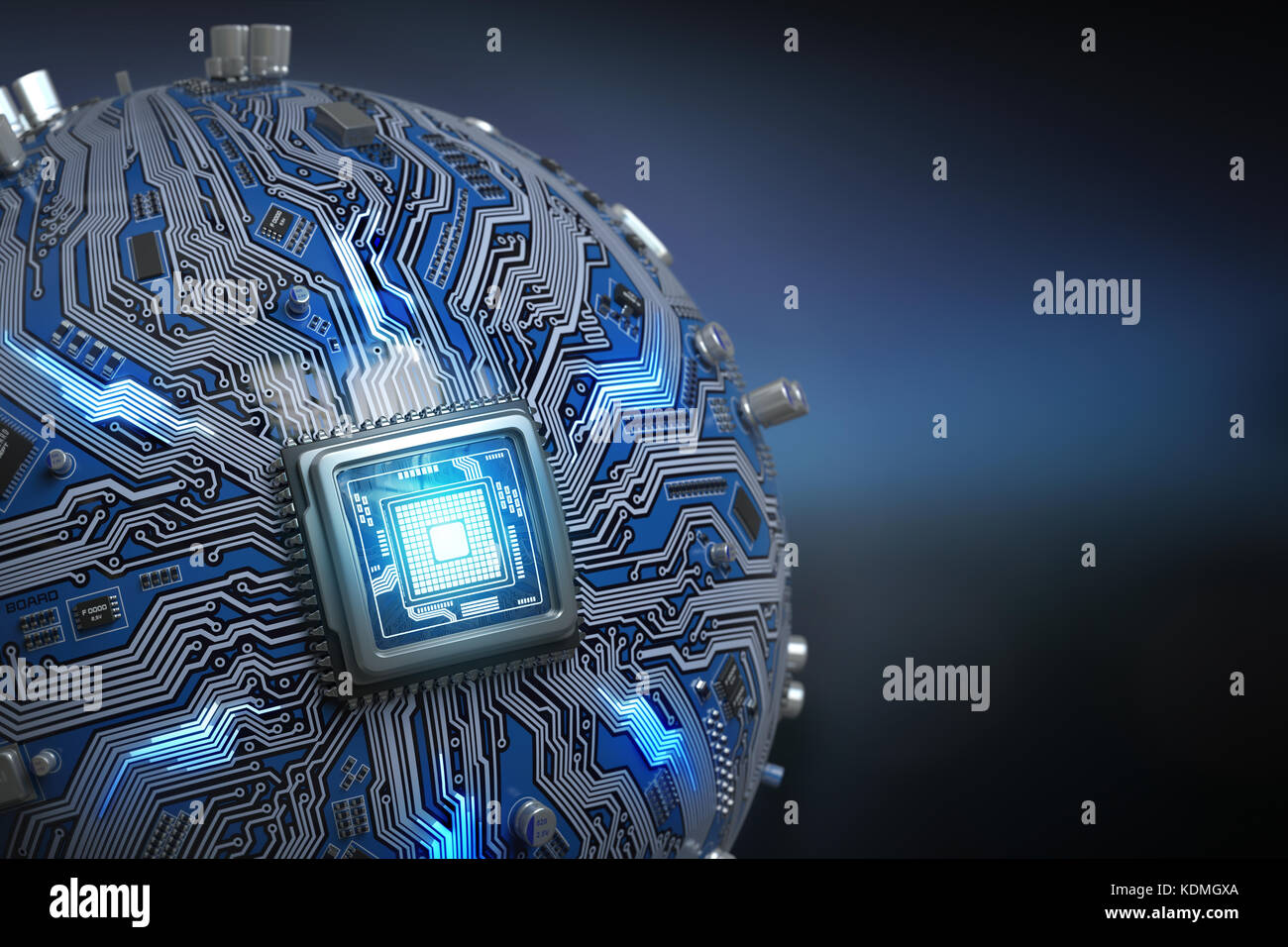 Circuit board system chip with core processor. Spherical computer motherboard with CPU. Futuristic computer technology background. 3d illustration Stock Photo