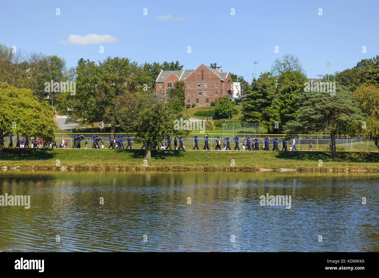 Marching band, Lake Muhlenberg, college behind, Allentown, PA, United states. Stock Photo